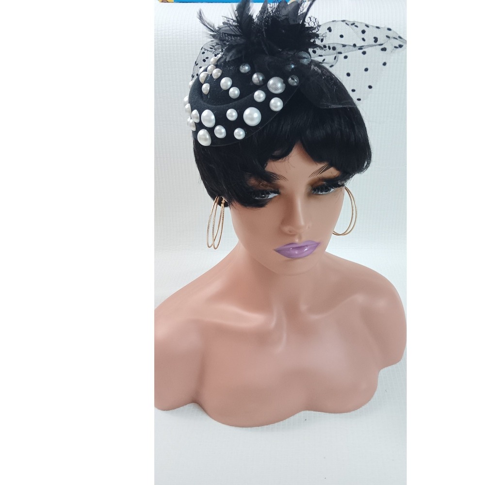 Black Fascinator Hat Faux Pearl Beads Feathers Polka Dot Net Veil Alligator Clip